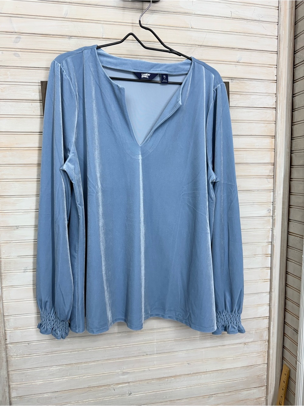 Lands' End Women’s XL Powder Blue Velvet V-Neck Long-Sleeve Blouse